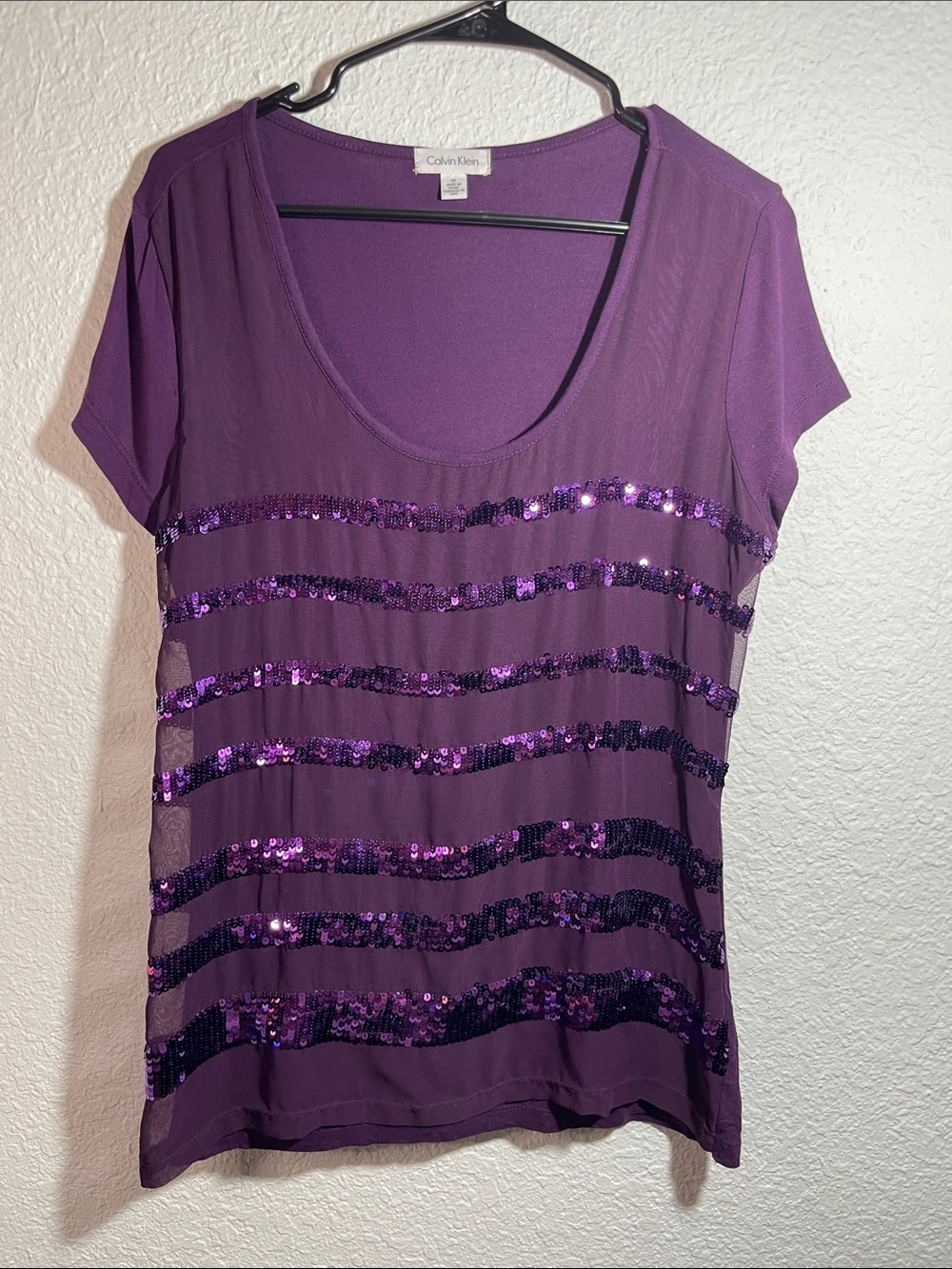Calvin Klein Purple Sequin Stripe Short Sleeve Tee Size M